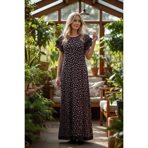 Perceptions New York Navy Floral Ruffle Sleeve Maxi Dress‎ Women's Size L